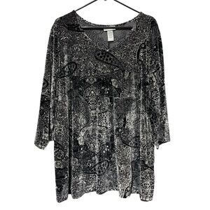 Catherines 2X Black Gray Paisley Velvet  3/4 Sleeve Top Blouse Casual Classic